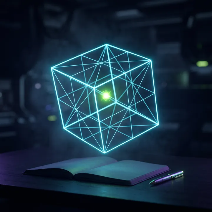 A glowing wireframe blueprint cube above a desk