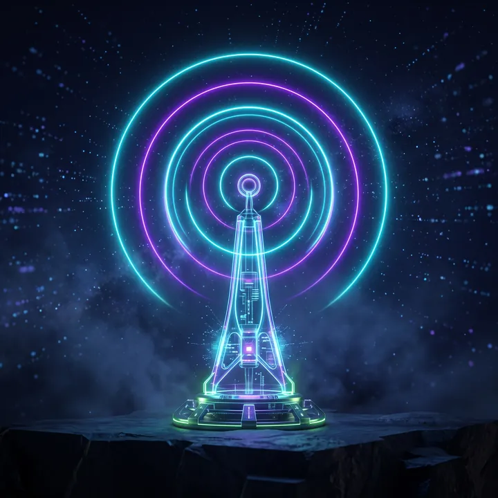 A glowing antenna broadcasting neon signal rings
